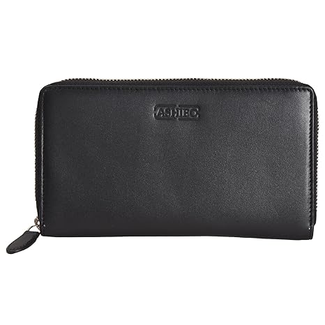 ASHIBO Zip Around Wallet for Womens Nappa Flat Genuine Leather Multi Pockets,Card Slots, Black, Zip Around Wallet