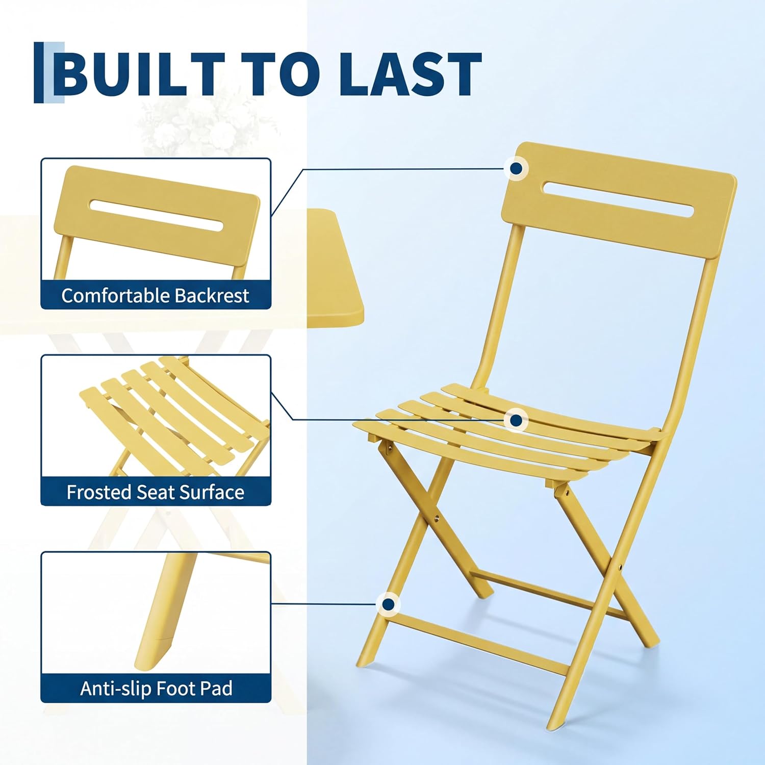 GarveeHome 3-Piece Steel Folding Bistro Set, Outdoor Patio Table and 2 Chairs Set, Square Table with Weather-Resistant Design for Balcony, Garden, Yard & Indoor Use (Yellow)
