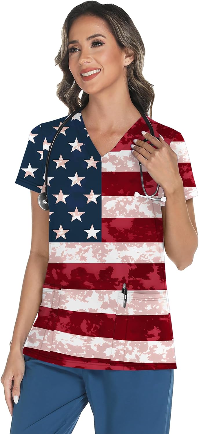 LOMON V Neck Print Scrub Tops for Women Short Sleeve Scrub Shirts Stretchy Holiday Nurse Uniform with 2 Pockets