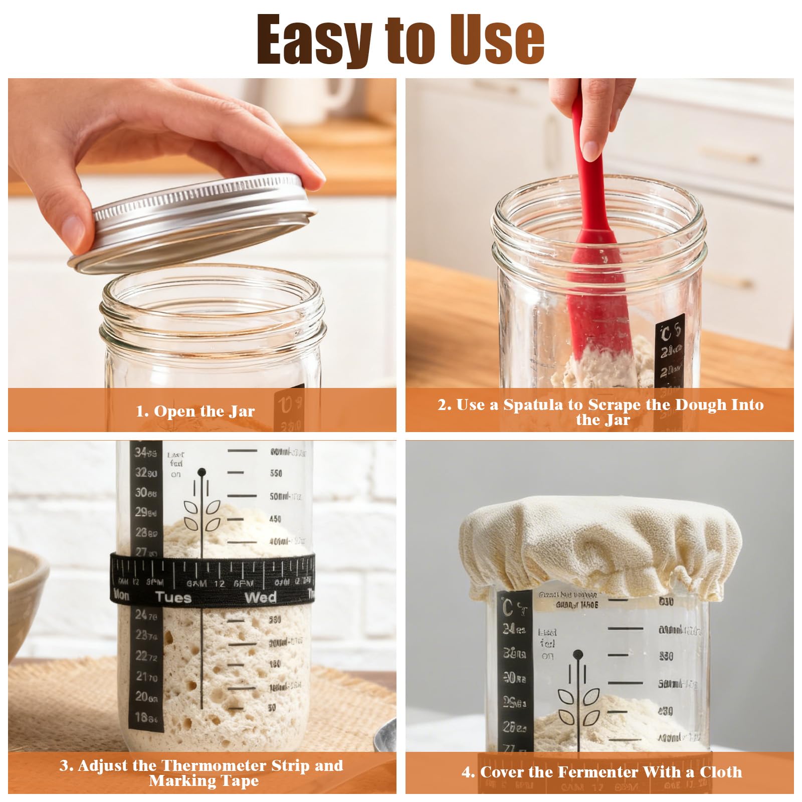 Kit De Tarro De Masa Madre 730 ml Con Termómetro Para Panadería y Fermentación