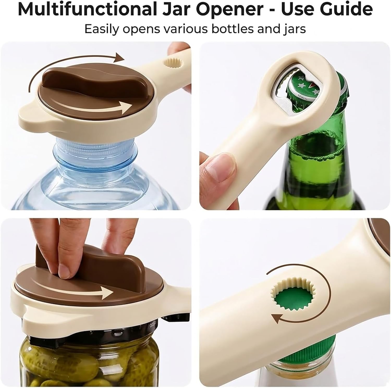4-in-1 Jar Opener, Adjustable Lid Opener with Non-Slip Grip, Multi-Function Bottle & Can Opener, Easy Open Kitchen Gadget for Jars, Bottles & Lids (Beige, 1PC/2PCS) (2)