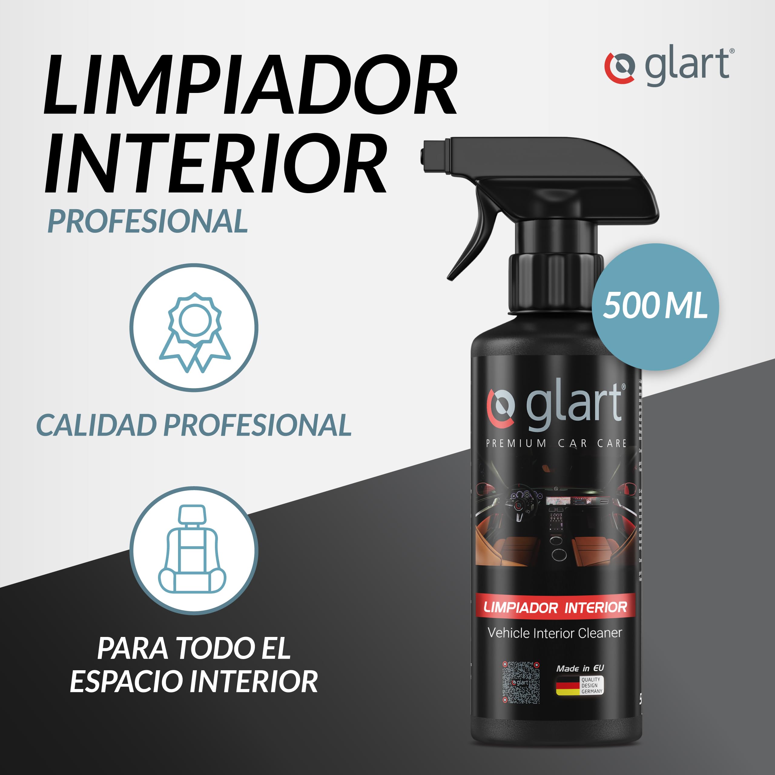 Glart 3x limpiador interior de coche 500 ml + 3 paños de microfibra para el habitáculo del coche, tapicería, cuero, limpiador interior, cuidado del coche