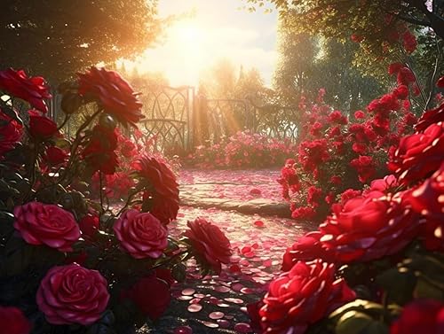 Ginfonr Kit de pintura de diamantes de mosaico 5D para bricolaje, rosas, flores, jardín, taladro completo, pintura con diamantes, paisajes