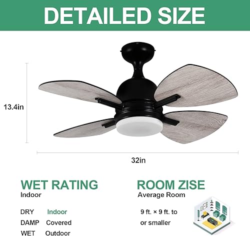 Miniatura 4 de Ventilador de techo con control remoto de luces, 32 pulgadas, negro (4 cuchillas), luz LED regulable