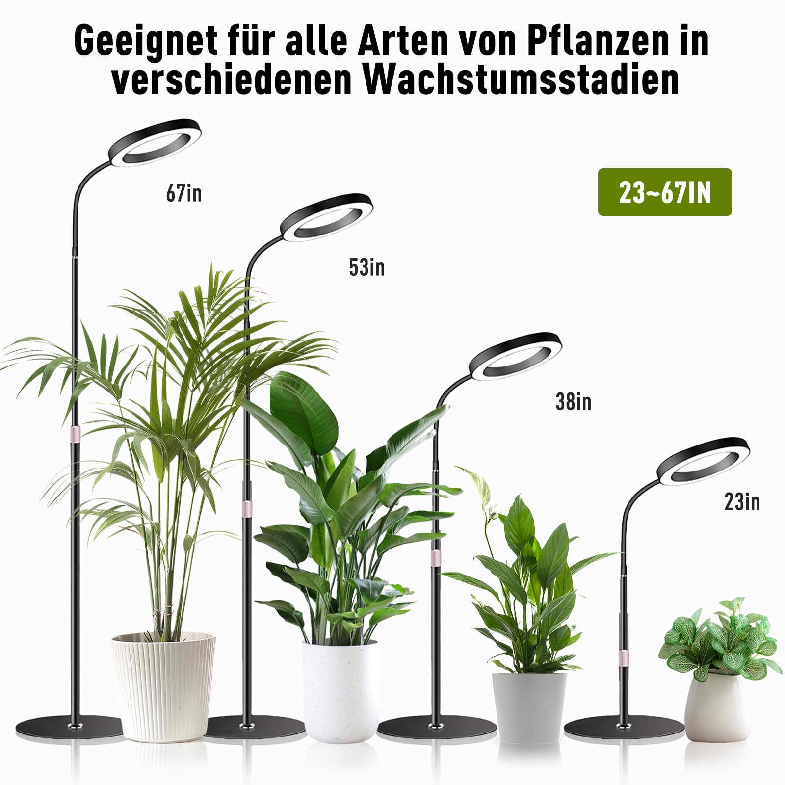 Pflanzenlampe LED Vollspektrum, Höhenverstellbar 57-170cm mit Timer 6/12/16H, 3 Lichtmodi & 10 Helligkeitsstufen, Wachstumslampe für Zimmerpflanzen, Inklusive Kabeltimer & Adapter