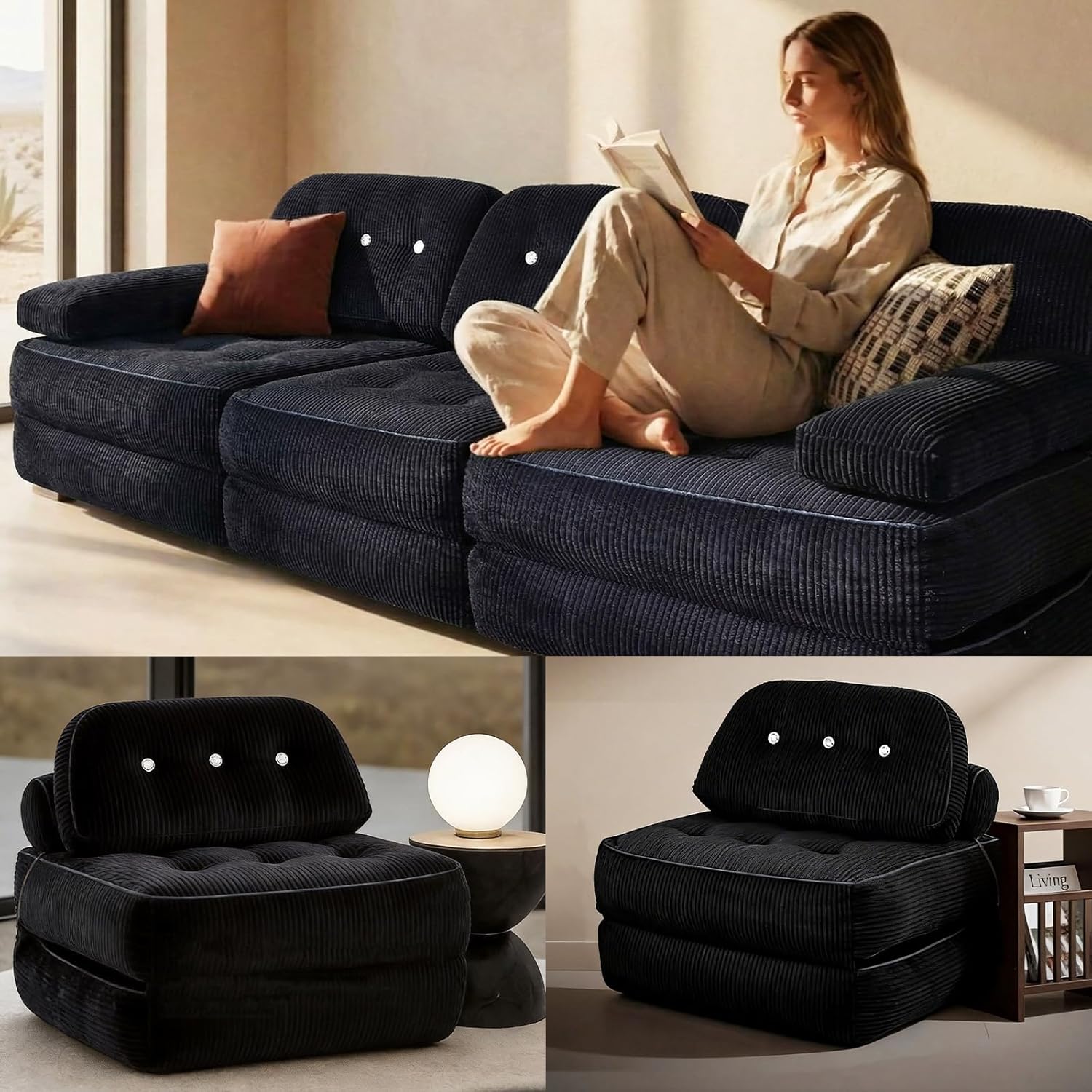 Folding Sofa Bed, Flannel Futon Couch Bed with Pillow and Blanket, Convertible Sleeper Chair for Small Space Apartment Guest Room, Black
