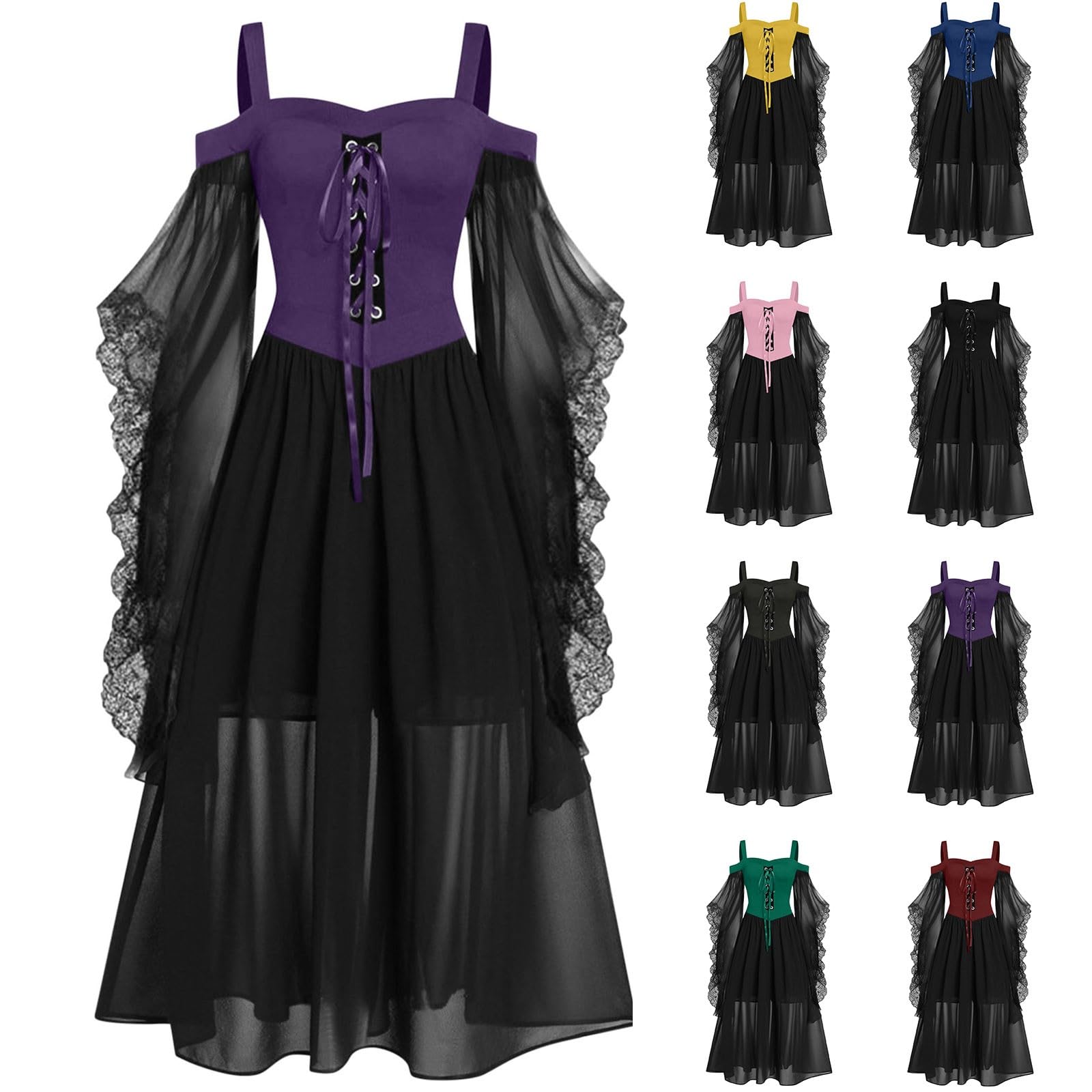 HAOLEI Halloween Dress Women Plus Size, Vintage Lace Renaissance Medieval Victorian Gothic Dress Cold Shoulder Flutter Sleeve Retro Steampunk Costume Rockabilly Goth 80s Dresses Ladies Purple — image 1