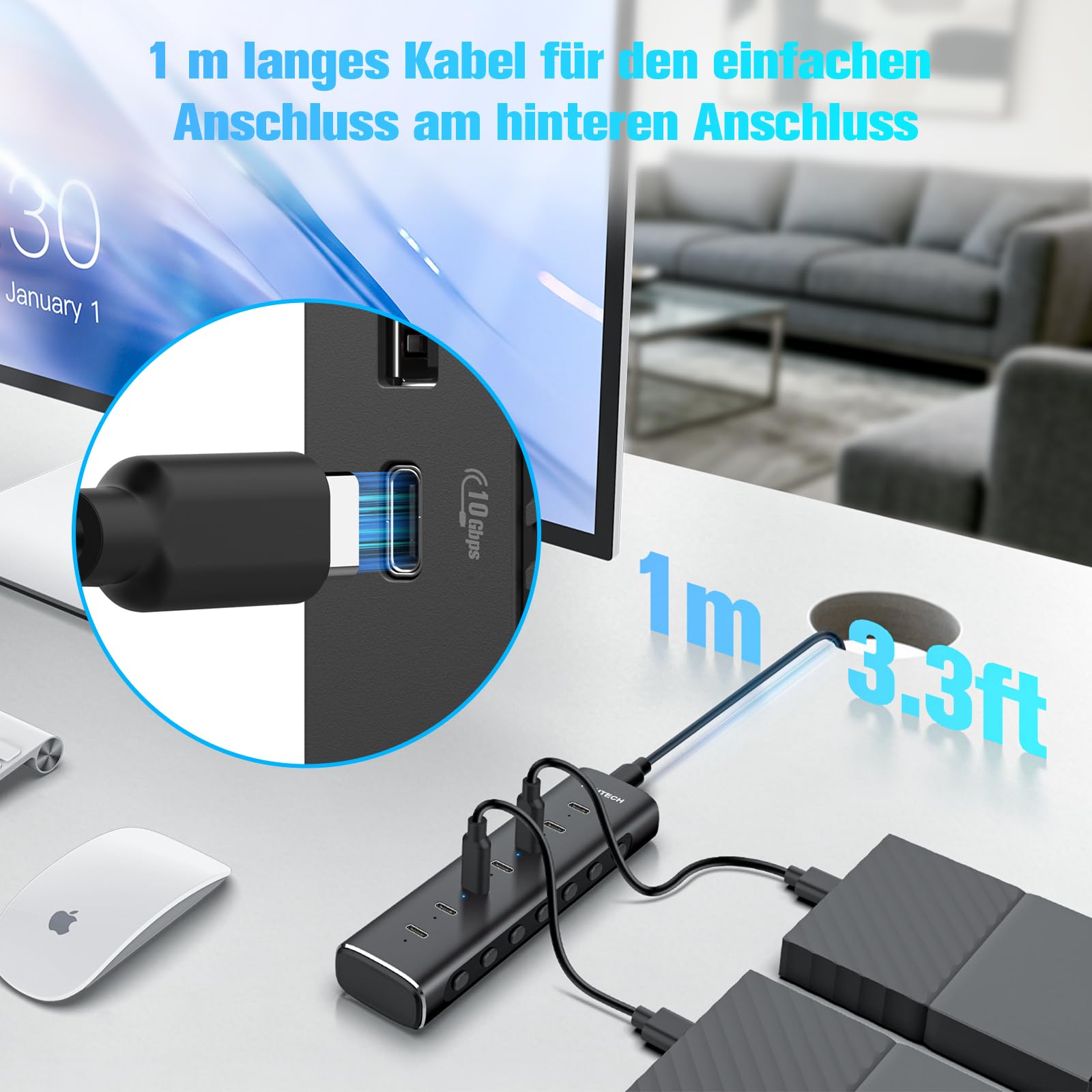 RSHTECH Hub USB C Alimentato, Hub USB 3.2 a 7 Porte in Alluminio con Alimentatore 36W 12V/3A e Cavo 1m per Notebook/PC Desktop Dotati di Porte USB-C e Thunderbolt, RSH-H7C