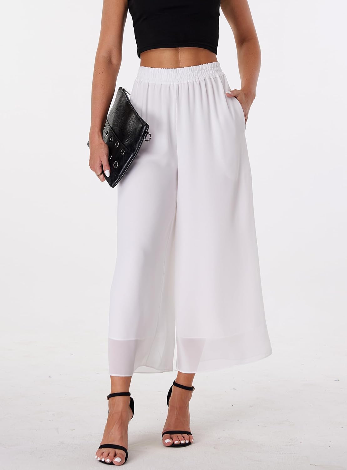 heipeiwa Women's Capris Crop Chiffon Pants Summer Beach Vacation Culottes Casual Dress Wide Leg Palazzo Pants - Image 3
