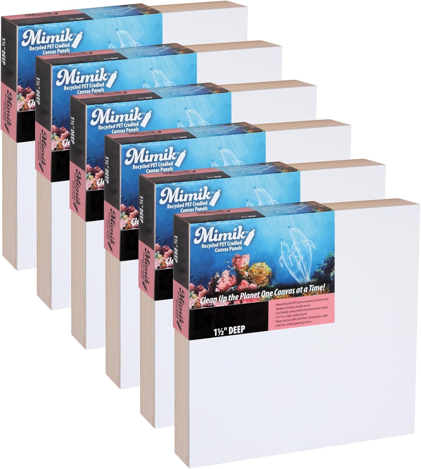 Creative Mark Mimik Recycled PET Cradled Canvas Panel 1-1/2" Depth- 6x6" Pack of 6 - Medium-Textured Painting Board for Eco-Conscious Artists, 14.11 oz Triple-Acrylic-Primed Weight