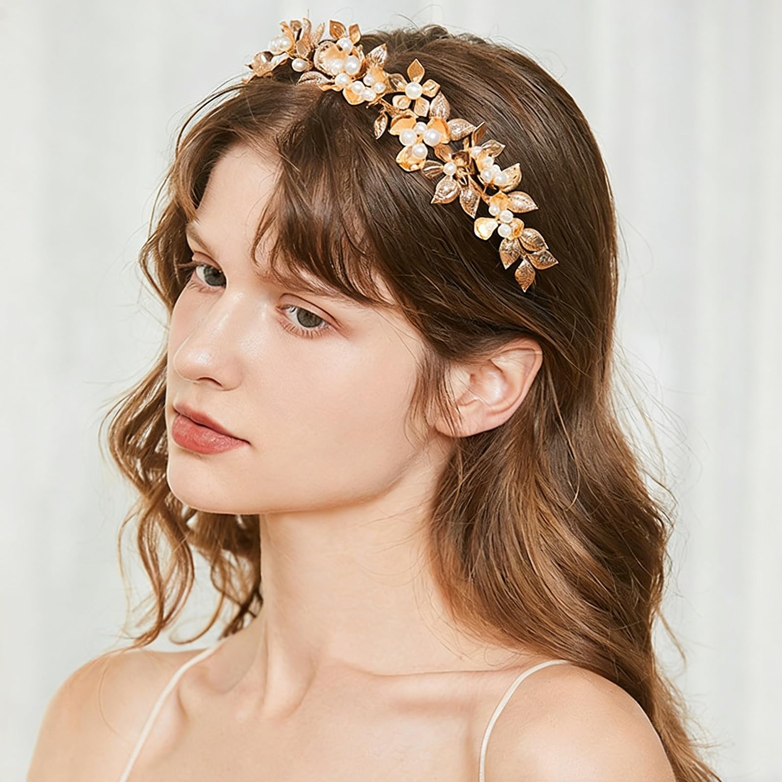 Cerchietto per Capelli da Sposa Fatto A Mano con Fiori per Donne Elegante Accessorio per Capelli da Principessa in Oro E Perle,d'oro