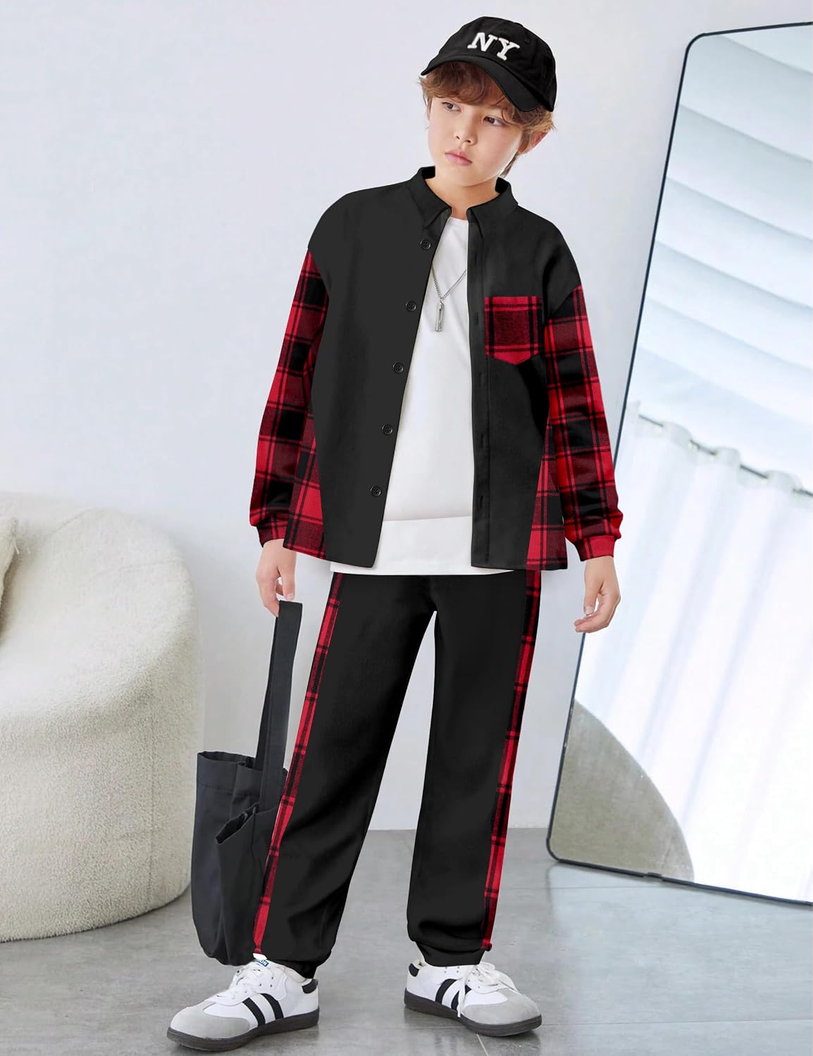 Oranchids Boys Clothes Long Sleeve Plaid Shirts Button Down Sweatshirt Tops and Jogger Pants 2 Pcs Fall Winter Outfits 6-14Y