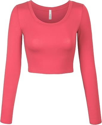 KOGMO Womens Long Sleeve Crop Top Solid Round Neck T Shirt