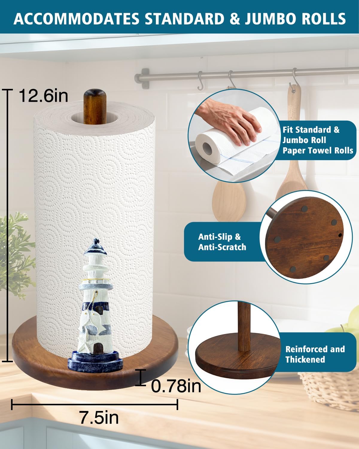 Lighthouse Paper Towel Holder, Nautical Coastal Beach Ocean Decor for Kitchen Bathroom Countertop, Freestanding Wooden Stand, Standard & Jumbo Rolls, Lighthouse Gift for Women