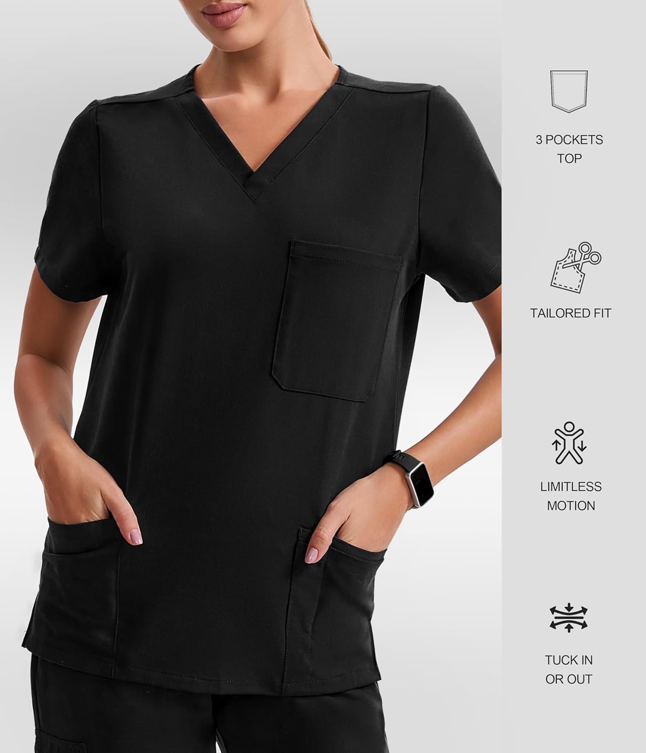 Scrub Tops for Women, Classic V-Neck Fit with 3 Pockets, Comfort Soft Stretch Anti-Wrinkle Medical Scrubs, Easy Care - Image 3