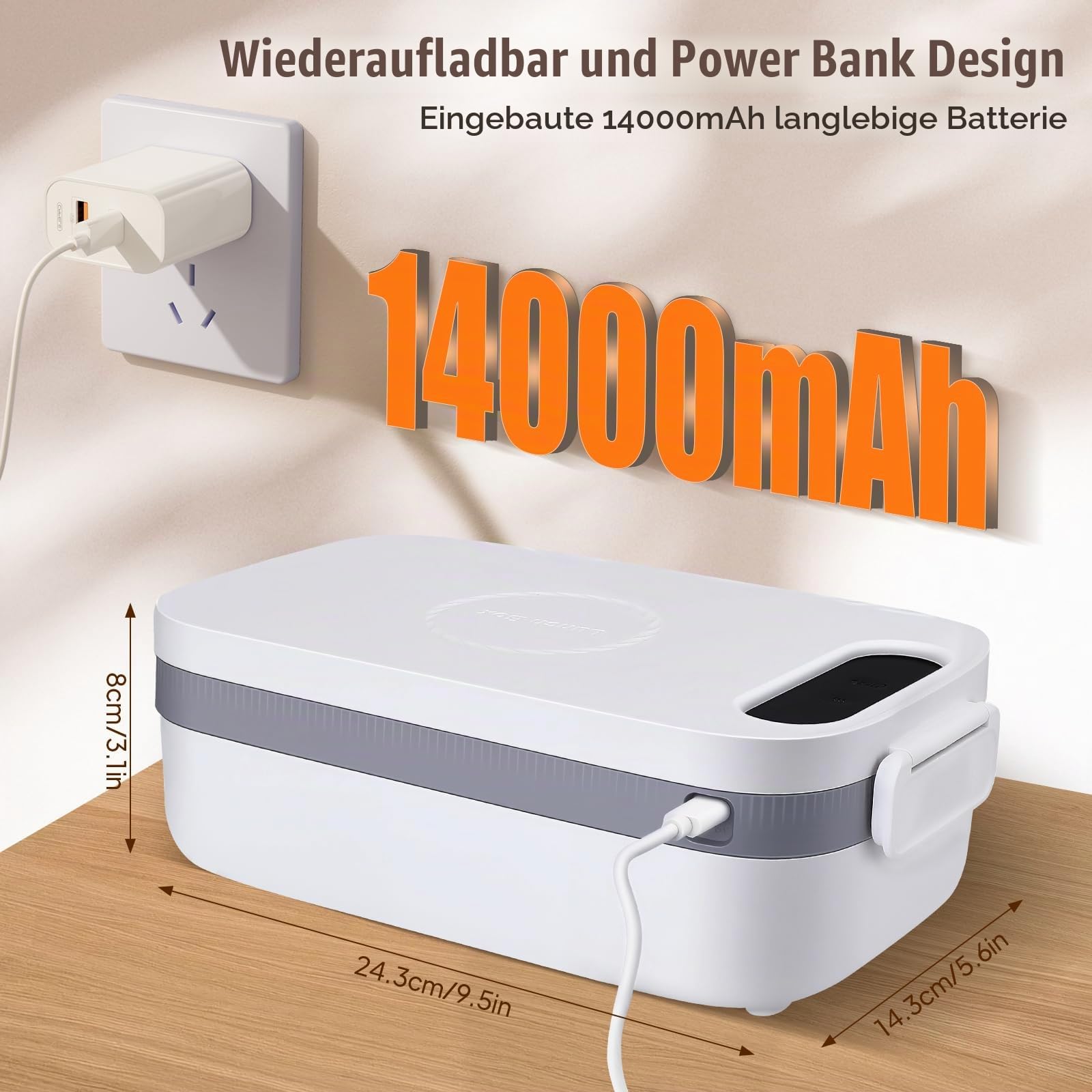 Elektrische Lunchbox mit Akku 14000mAh 1L Kabellose Beheizte Lunchbox für Erwachsene mit Automatischer Aufheizfunktion, USB Heizbare Brotdose, Edelstahl-Innenbehälter, Kein Besteck