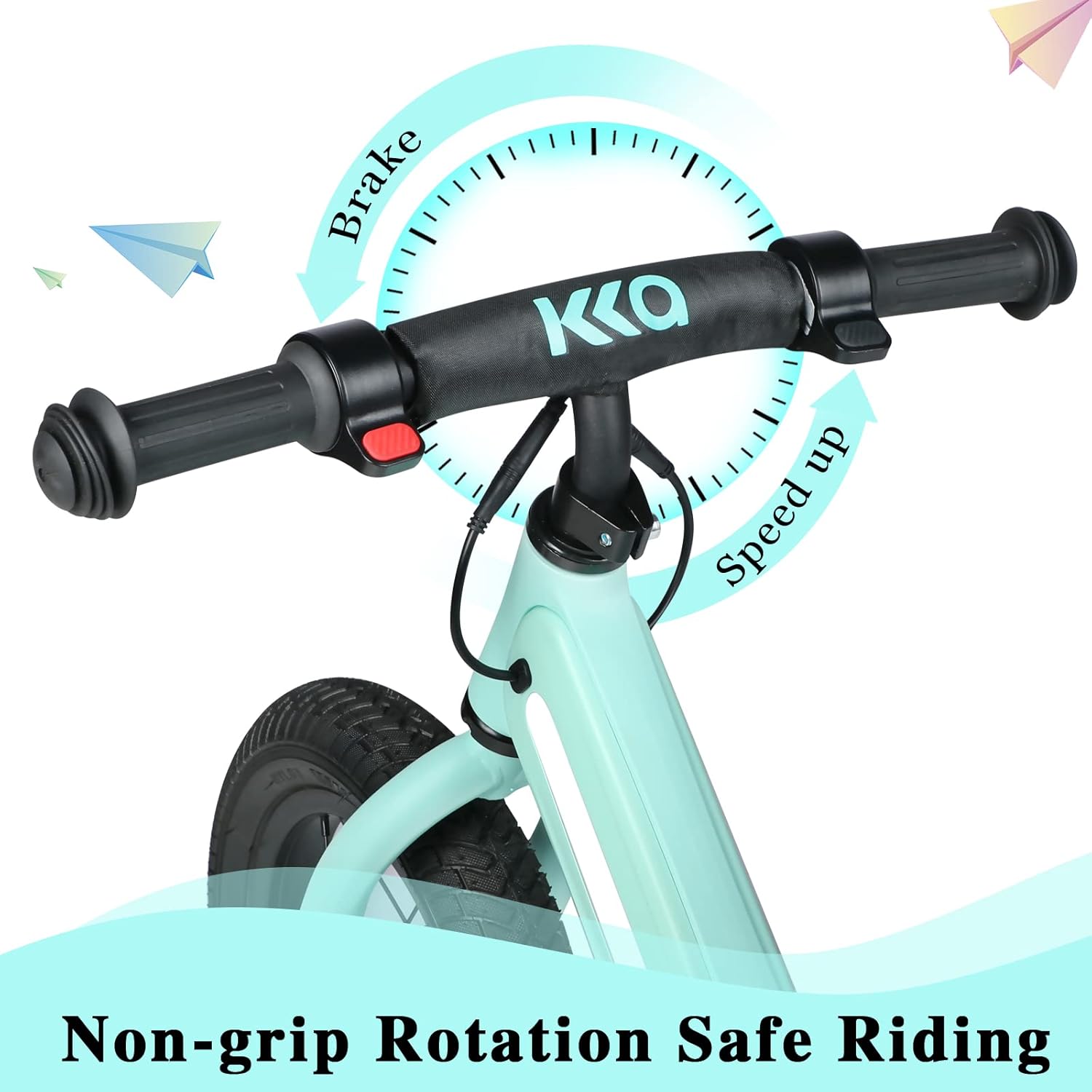 KKA B3 Electric Balance Bike handlebars showing brake and speed up controls
