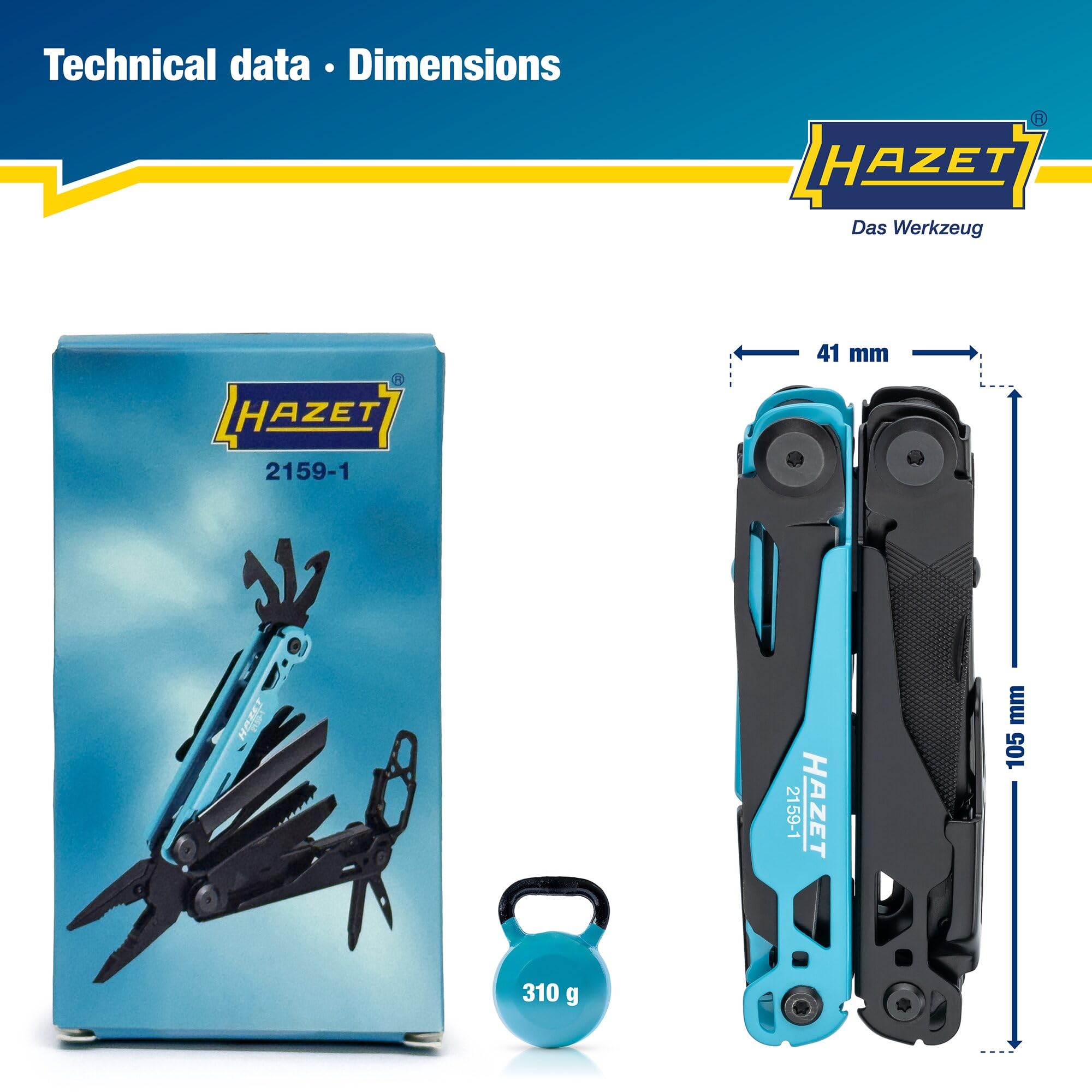 HAZET Multitool 2159-1, 13 en 1, acero inoxidable, con alicates de punta, cuchillo, sierra, destornillador, llave hexagonal, tijeras, clip para cinturón, incl. funda robusta para cinturón".