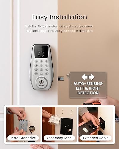 Miniatura 7 de DESLOC Cerradura de puerta de entrada sin llave C110 con juego de manija y pantalla (pantalla inteligente), cerraduras de puerta de huellas