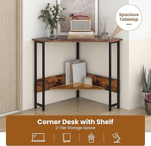 Miniatura 6 de Escritorio esquinero industrial, escritorio de computadora con toma de corriente, estantes de almacenamiento y marco de metal, escritorio de madera