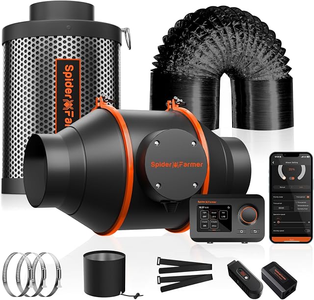 Spider Farmer Rohrventilator 100mm & Filter Abluftset mit GGS Controller | Inklusive Aktivkohlefilter, GGS Temperatur & Feuchtigkeitssensor und Schlauch für Belüftung in Growzelt und Growbox