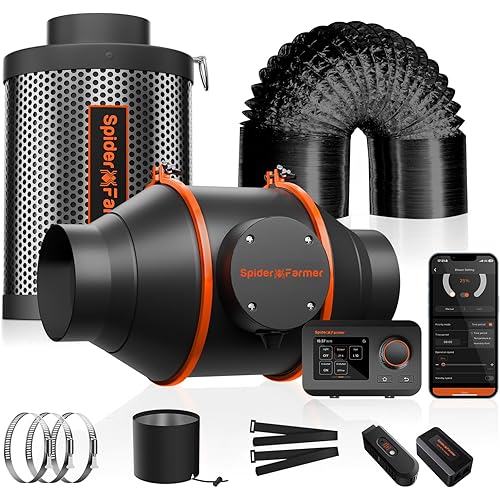 Spider Farmer Smart Air Filtration Kit 4", Inline Duct Fan, GGS Temperature Humidity Controller with WiFi App Control, Carbon Filter Combo, 25Ft Ducting, Ventilation System for Grow Tent, Hydroponics