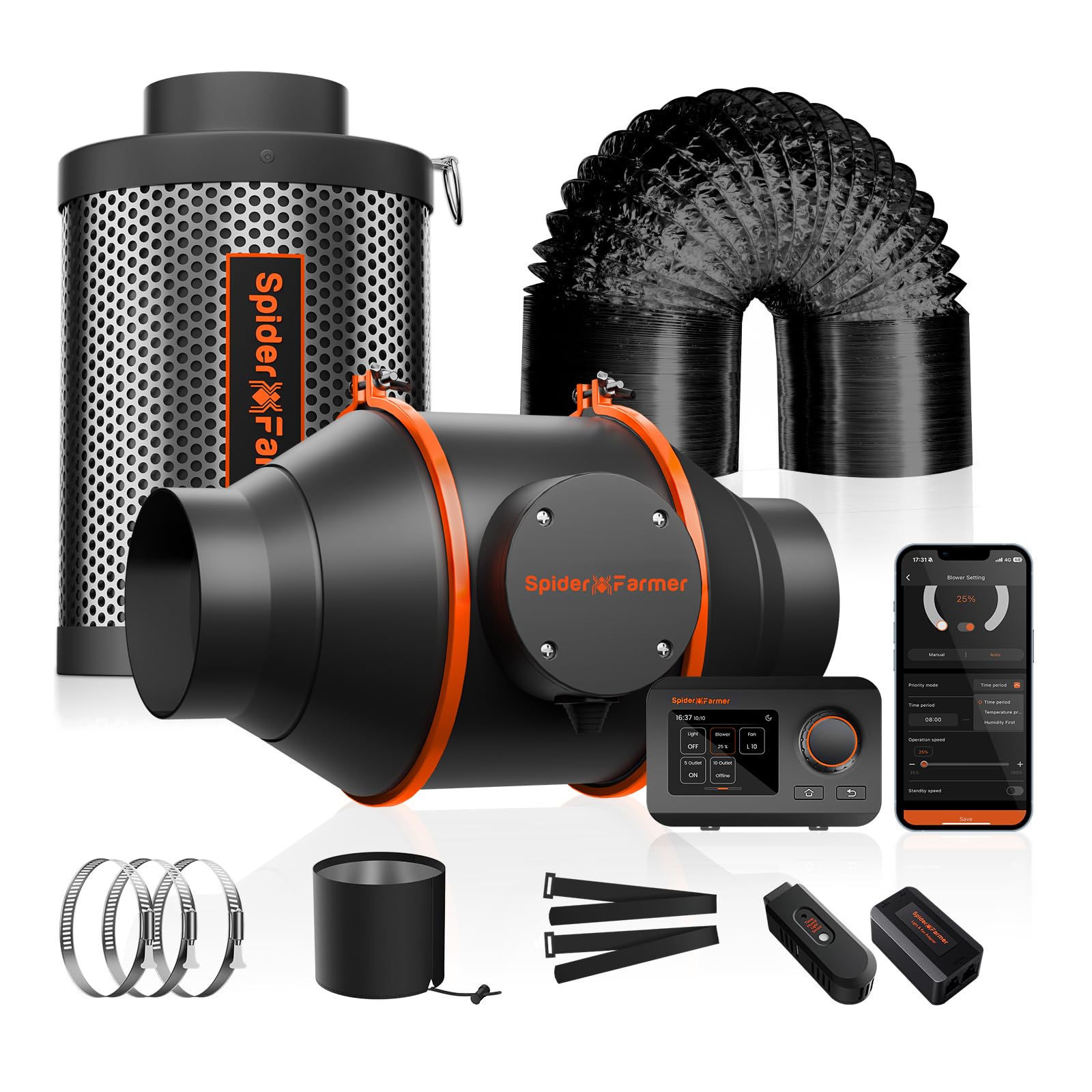 Spider Farmer Smart Air Filtration Kit 4", Inline Duct Fan, GGS Temperature Humidity Controller with WiFi App Control, Carbon Filter Combo, 25Ft Ducting, Ventilation System for Grow Tent, Hydroponics
