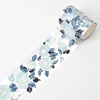 Washi Tape, PET Decorative Adhesive Crafts Tapes for Journals Planners Scrapbook Supplies, Floral Transparent Designed Stickers DIY Waterproof Arts Blue Flower