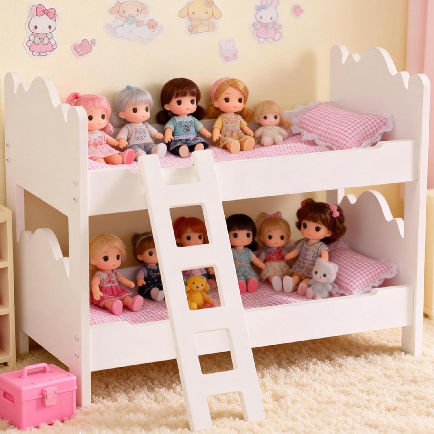 Doll Bunk Bed, Wooden Doll Bed for 18 Inch Dolls with Ladder & Pink Bedding, Easy Assembly American Girl Doll Furniture, White and Pink Pretend Play for Kids