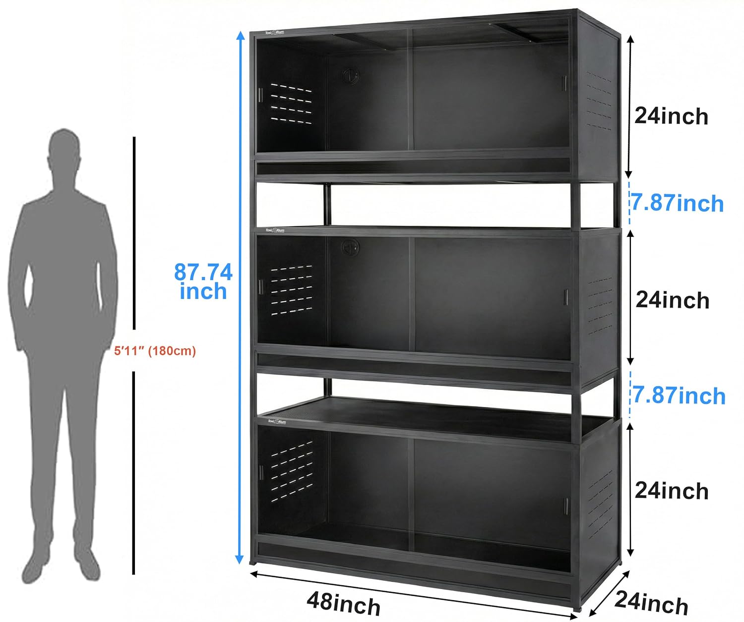 Extra Large PVC Reptile Enclosure 3 Tier 48"x24"x24"with Spacers, 120 Gallon Reptile Terrarium Habitat, Space Saving Stackable Reptile Tank for Bearded Dragon Gecko Snake Lizard, Sliding Doors Lock