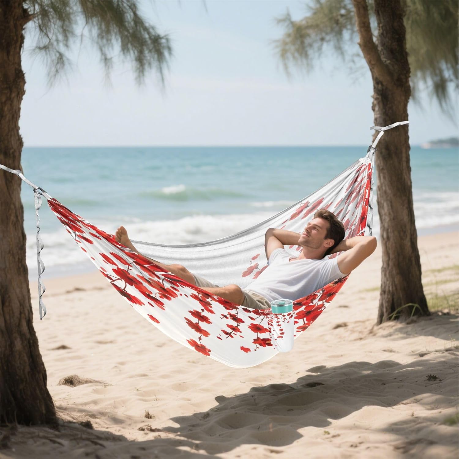 ALAZA Red Cherry Blossom Flowers Camping Hammocks Single or 2 Person 500 lbs Portable Parachute Travel Hammock w/Tree Straps for Hiking Backpacking Indoor Outdoor