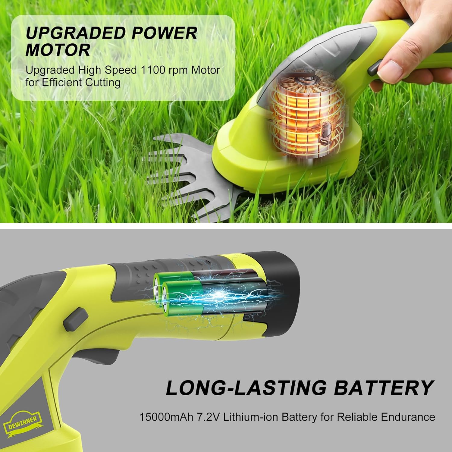 Image showing the internal motor and a long-lasting lithium-ion battery with electrical charge animation.