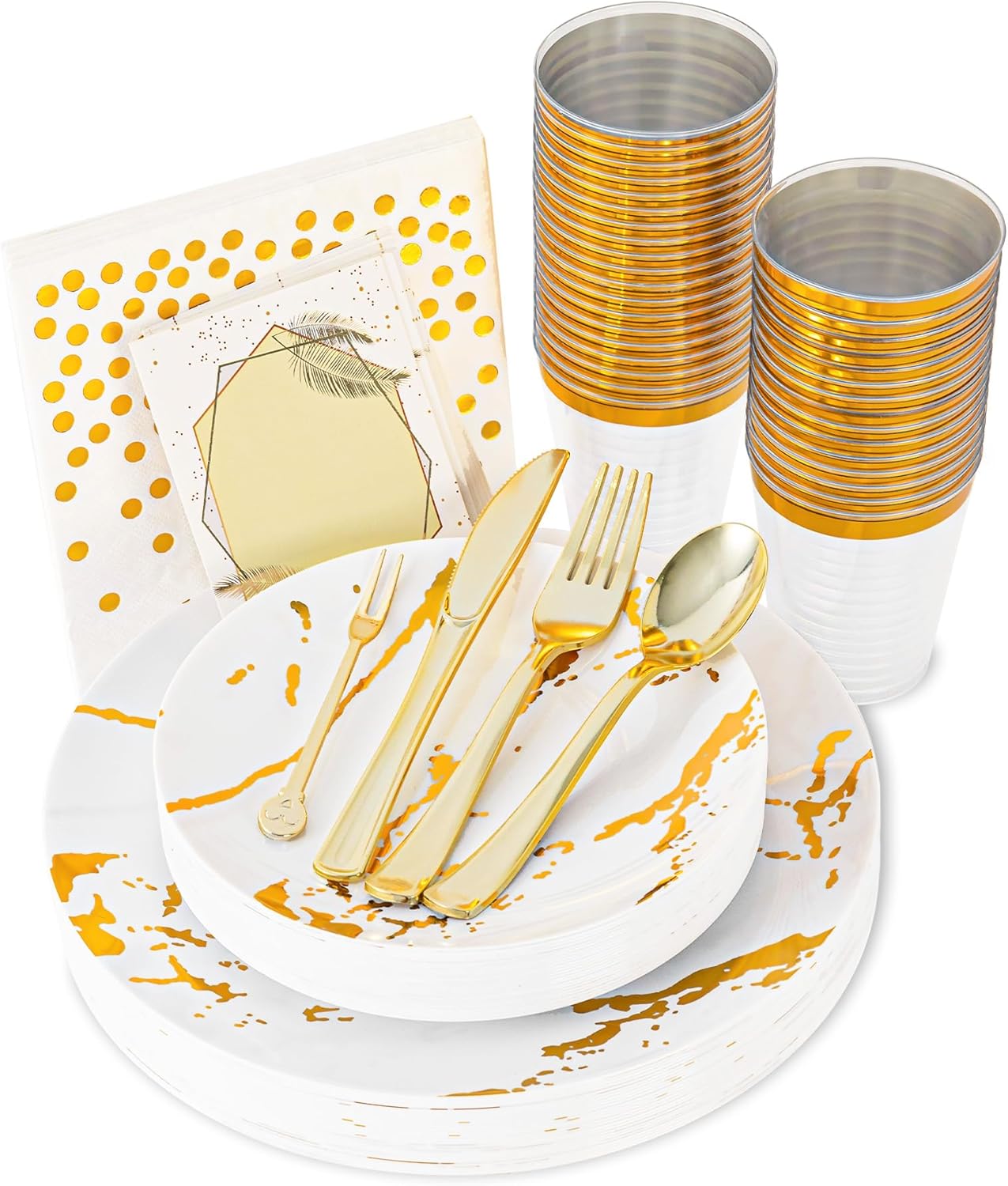 N9R 225pcs White Gold Plastic Plates, Disposable Dinnerware Set Include 25 Dinner Plates, 25 Dessert Plate, 25 Plastic Silverware, 25 Mini Forks, Gold Cups, Napkins and Table Cards for Party, Wedding