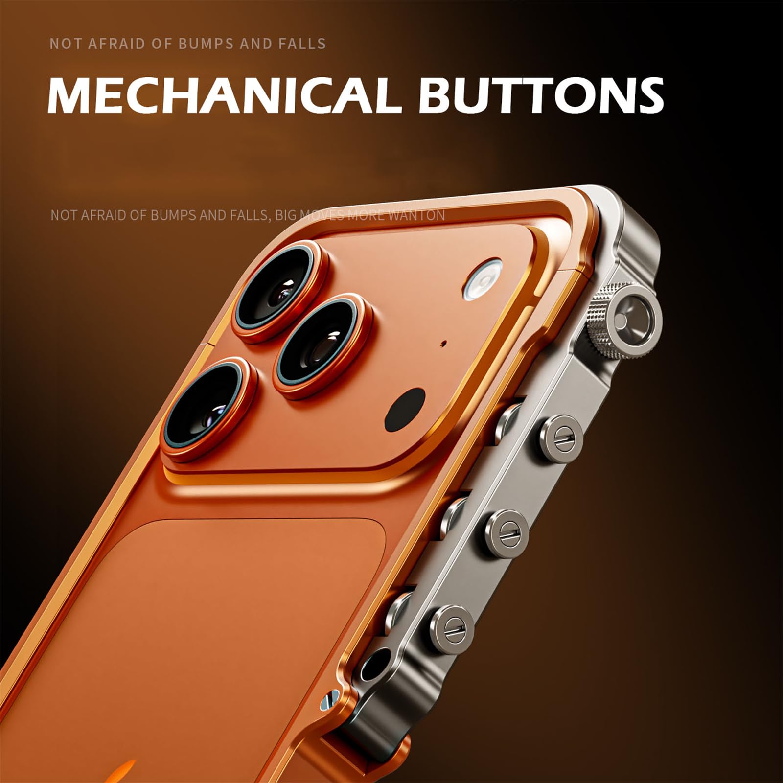 Metalowa ramka etui na iPhone'a 17, innowacyjne mechaniczne przyciski, minimalistyczne, smukłe, aluminiowe, puste, bez pleców, rozpraszanie ciepła, bez zakłóceń sygnału, pomarańczowe
