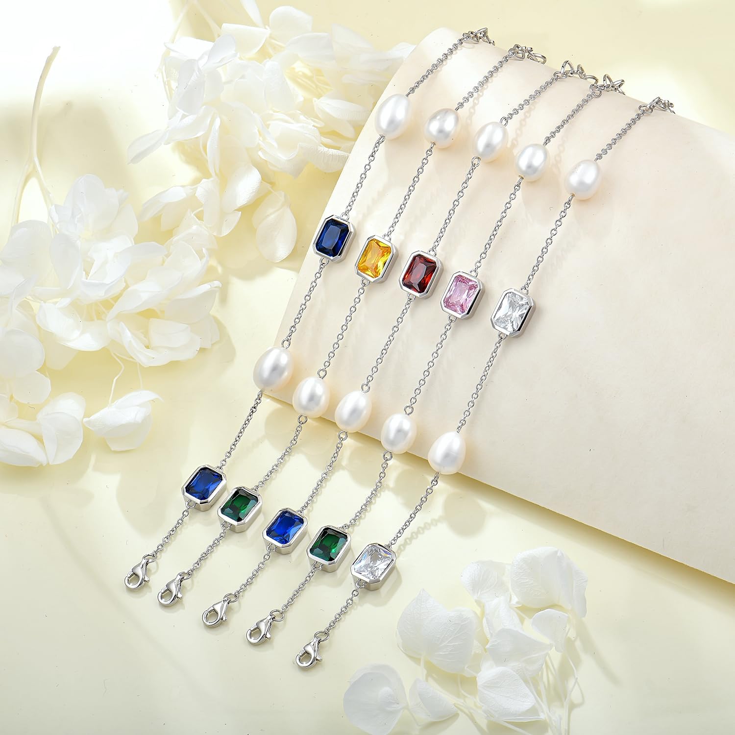 925 Sterling Silver Pearl and Birthstone Bracelets for Women, Adjustable Cubic Zirconia CZ Bracelet Birthday Anniversary Jewerly Gifts for Mom Wife