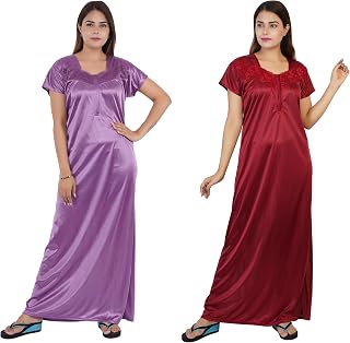 BHAVI Satin Nightgown for Women's, Long Maxi Length, Floral Lace Detail, Maroon and Purple (Size : XL) Combo Pack of 2 Price In India