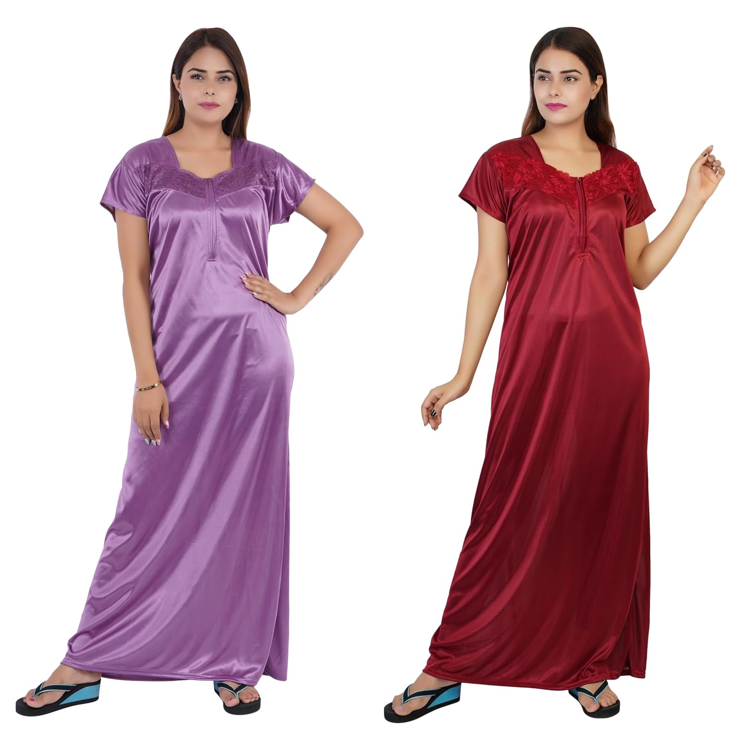 BHAVI Satin Nightgown for Women's, Long Maxi Length, Floral Lace Detail, Maroon and Purple (Size : XL) Combo Pack of 2 - Review, Price and Buying Guide