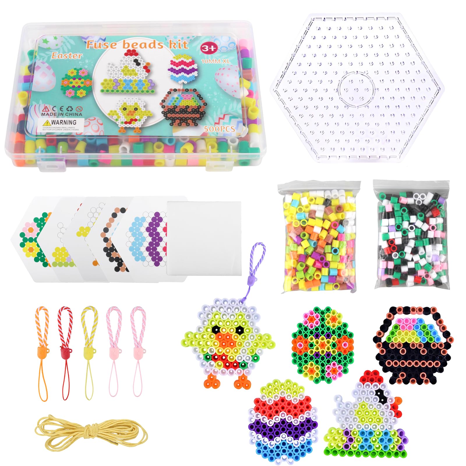 500 Stück Bügelperlen Set Ostern Große 10mm XL Steckperlen 13 Farben Maxi Steckplatten Bügelperlen Bunte 3D Perlenset Geburtstag Geschenk mit Steckplatte Muster Bügelpapier Schlüsselbänder Kordelzug