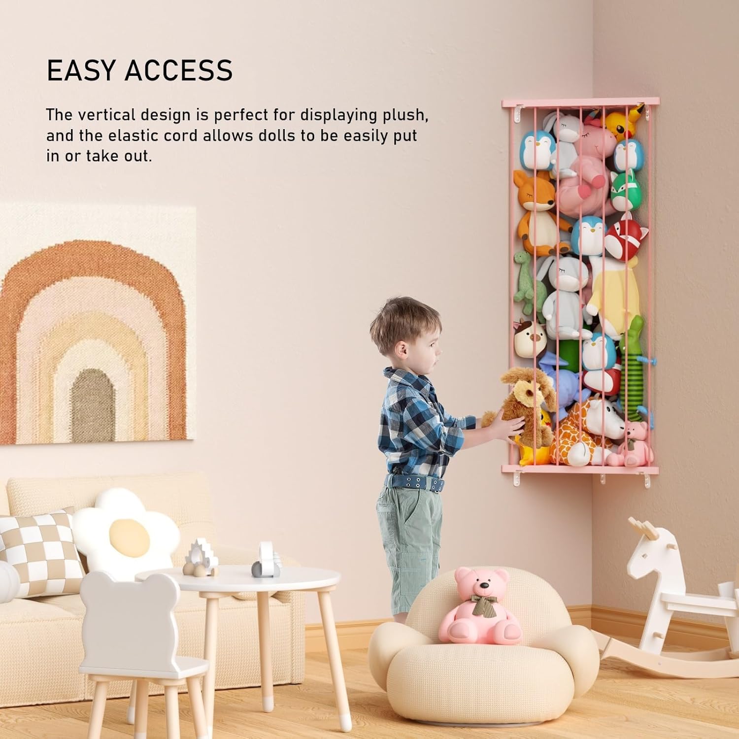 Corner Stuffed Animal Storage Net - 2-in-1 Large Stuffed Animals Holder with Light - Plush Organizer Hanging Stuffed Animal Hammock for Wall (Pink)