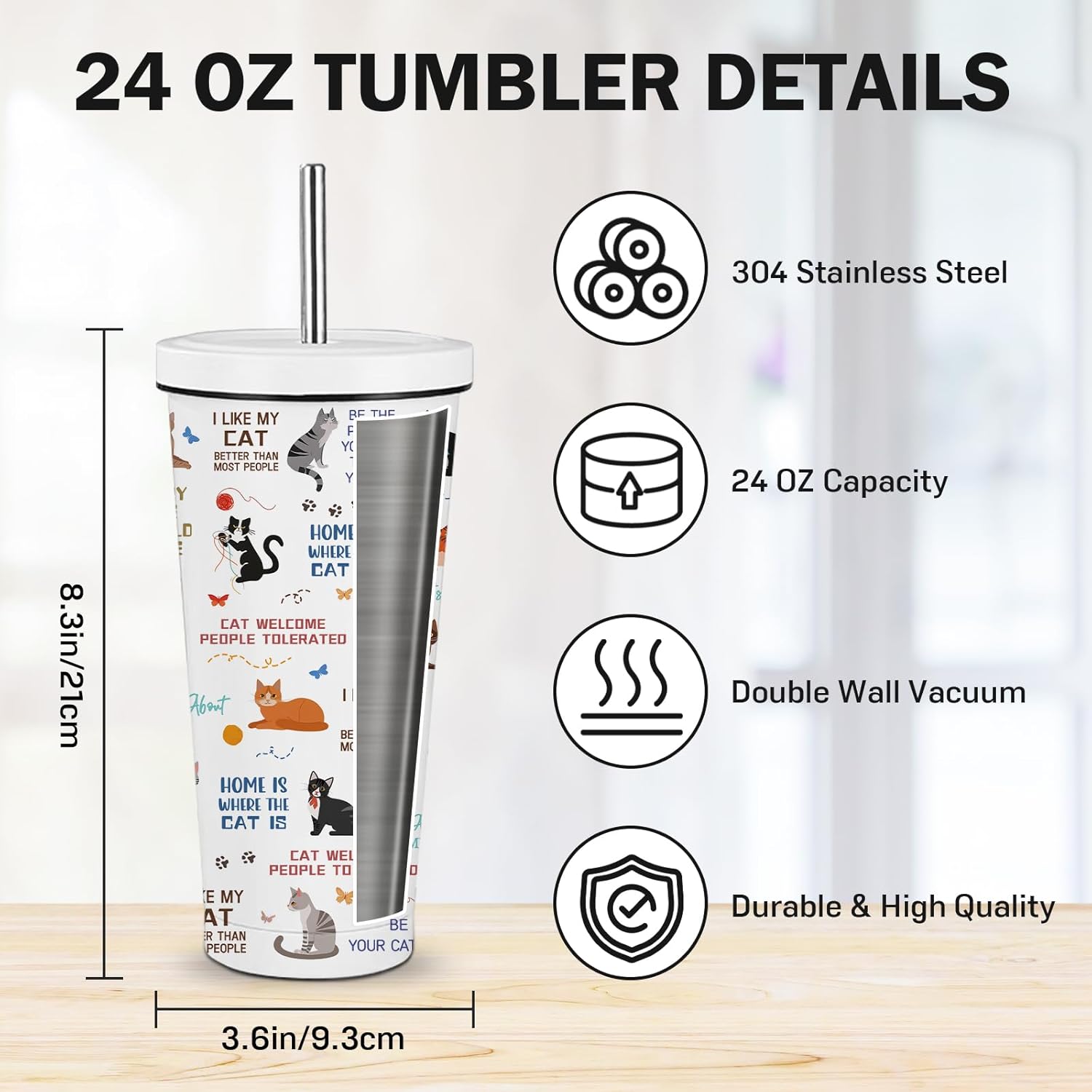 Cat Gifts for Women, 24 oz Insulated Tumbler with Lid and Straw, Stainless Steel Water Bottle, Coffee Cups Travel Mug for Her Cat Lovers(1PCS) - Image 2