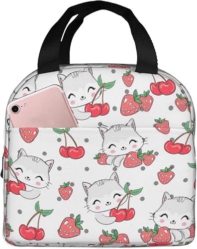 Lonchera Kawaii con diseño de conejo y fresa para mujeres y hombres, bonita lonchera aislada con bolsillo frontal para trabajo, picnic y viajes
