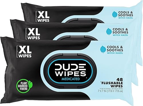 DUDE Toallitas desechables medicadas  Paquete de 3, 144 toallitas  Toallitas extra grandes sin perfume con hamamelis medicinal de máxima resistencia