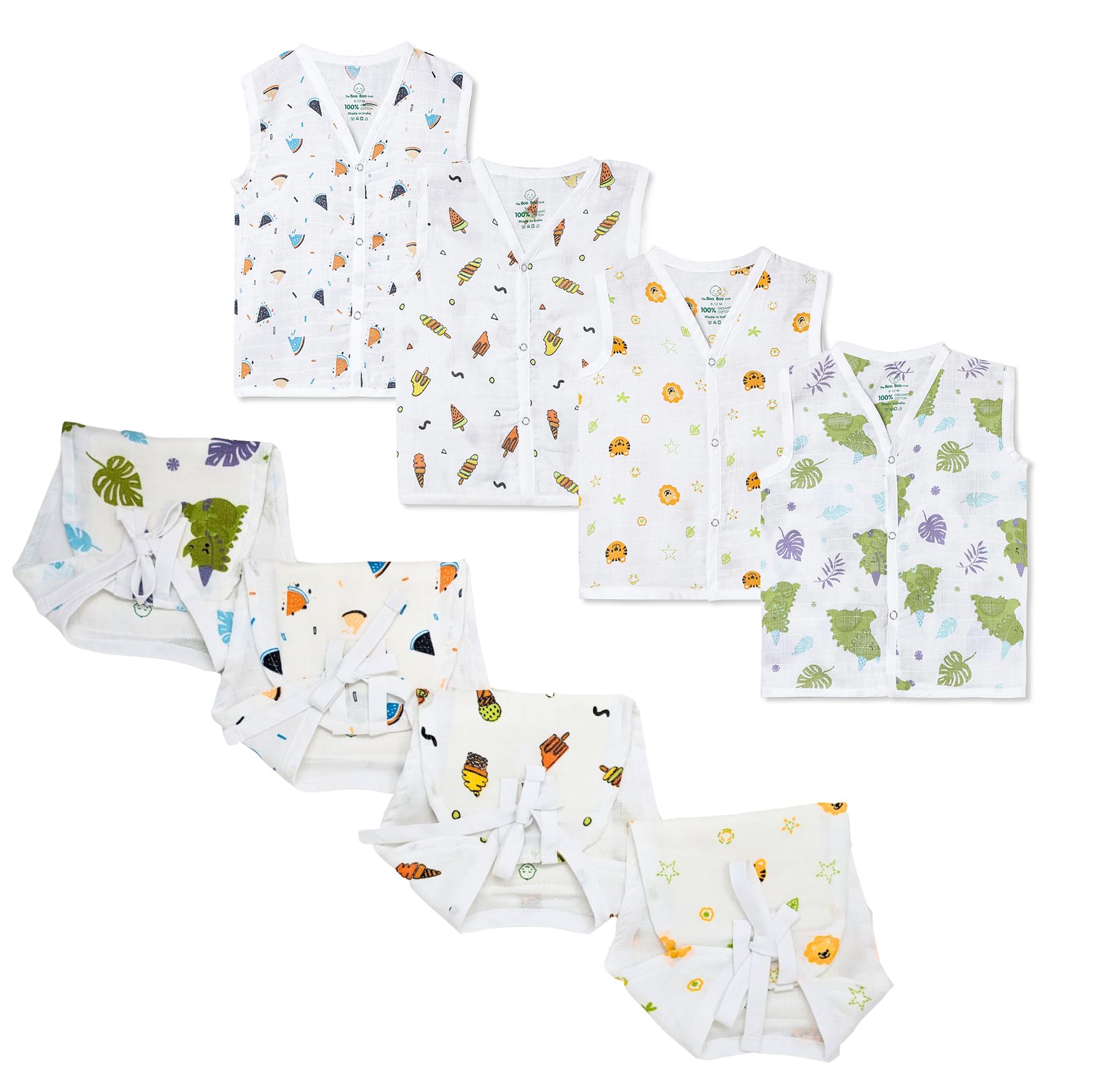 The Boo Boo Club 100% Muslin GOTS certified Organic Cotton Button Jhabla and Nappy Set | Perfect for Summer | Sleeveless Vest | Summerwear Jhabla Langot | 0 to 3 Months | Pack of 4