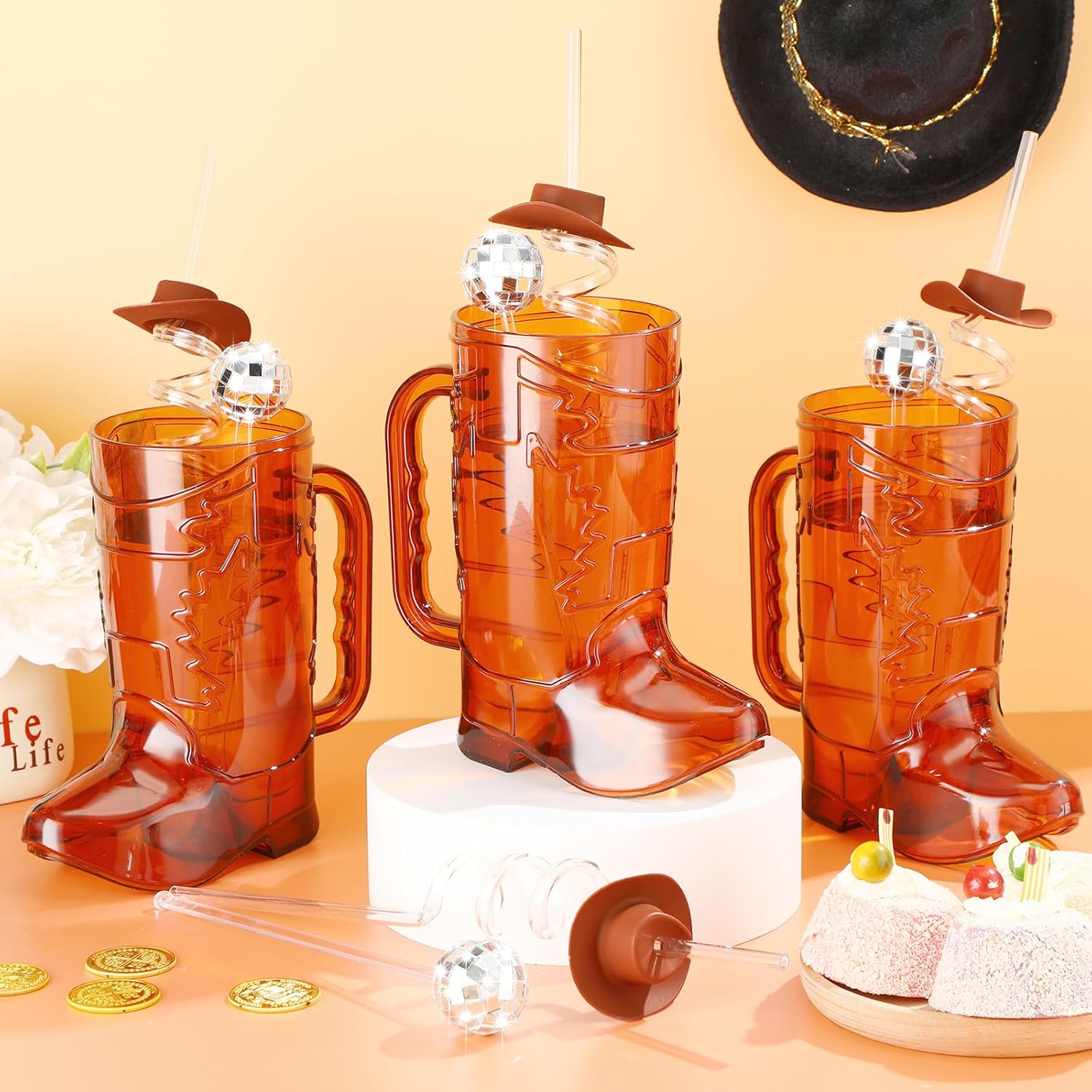 36 Pcs Cowboy Boot Glasses Bulk, 12 Cowboy Drink Mugs 12 Cowgirl Hat Straws 12 Mirror Disco Ball Stirrers for Western Theme Party Bachelorette Birthday Decorations(Brown)