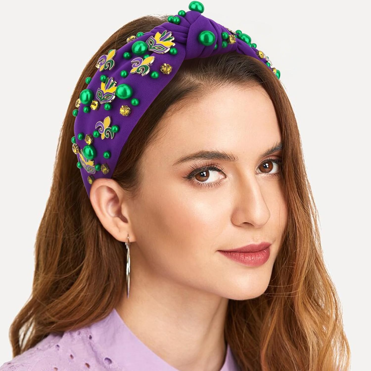 Mardi Gras Headbands for Women Purple Rhinestone Knotted Headband Carnival Parade Party Hair Accessories - Image 4