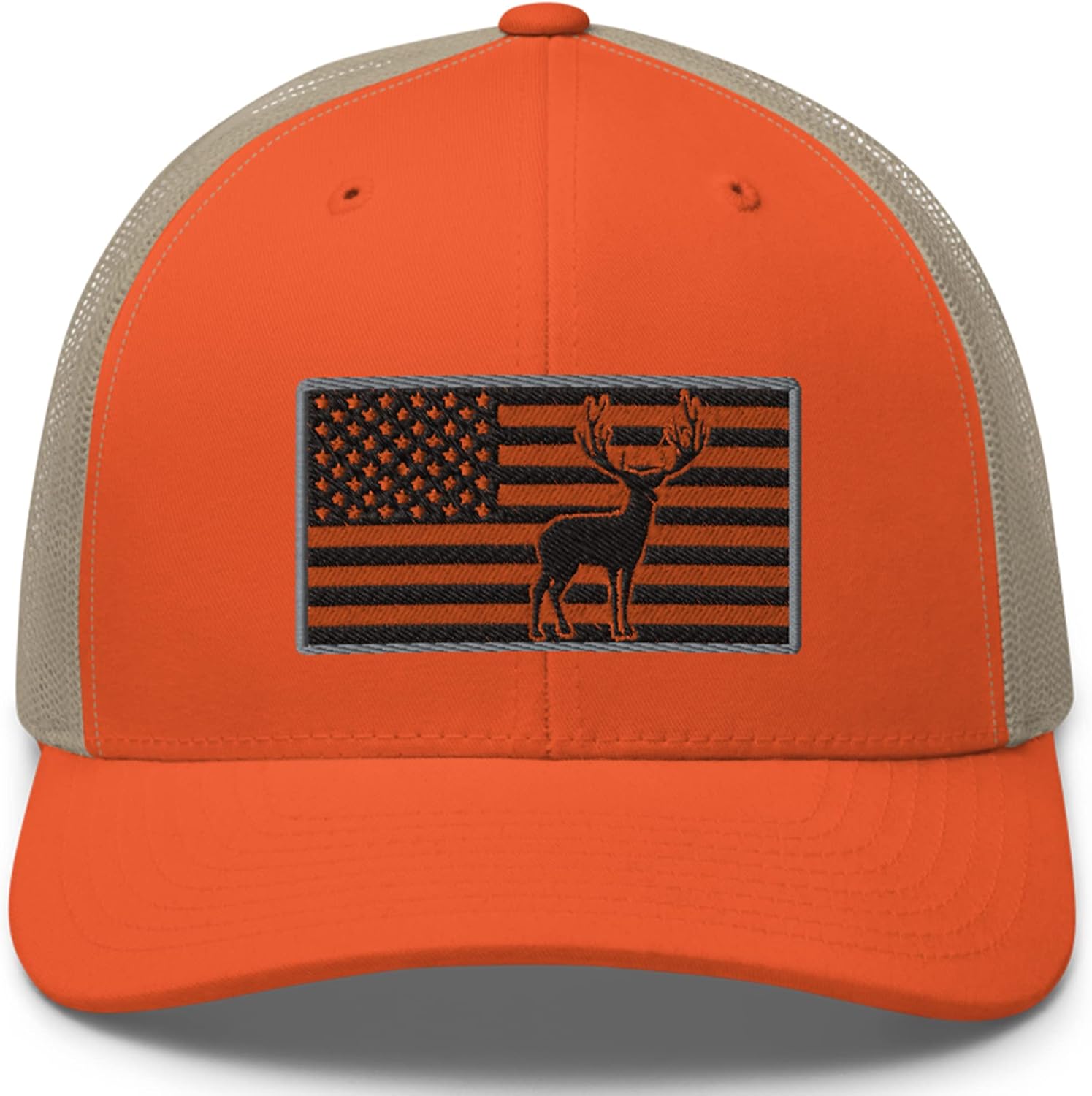 Gunner Gear Deer Hunting Hat for Men Blaze Orange American Flag Buck Authentic Yupoong 6606 Snapback Trucker Hat