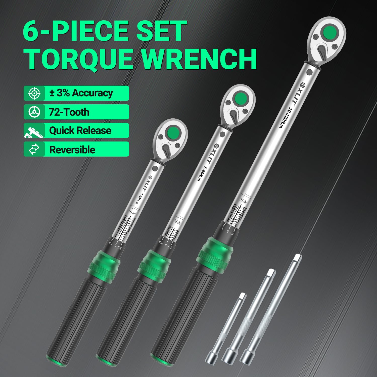 Set di 6 chiavi dinamometriche professionali a scatto – 1/4 3/8 1/2 pollici Set con 3 estensioni – 1 – 220 Nm, precisione ±3% – per riparazione auto, moto e biciclette