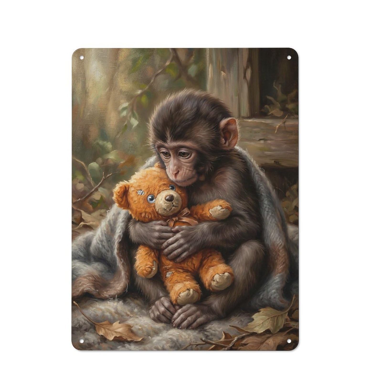 Junmoney Style-15 Workshop Style Garage Metal Sign 40X30cm Featuring Sad Monkey Hugging Teddy Bear, Industrial Wall Art For Garage, Hobby Room, Office Or Man Cave