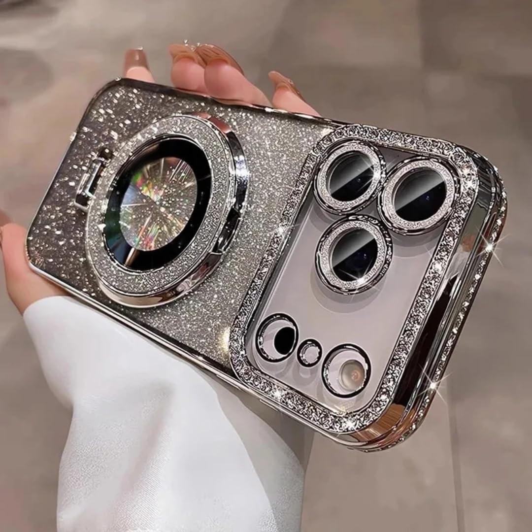 Funda magnética Transparente con Purpurina de Diamante para iPhone 17 16 13 14 15 Pro MAX con protección de Lente y Cubierta Trasera (para iPhone 14 Pro MAX/Plateado)
