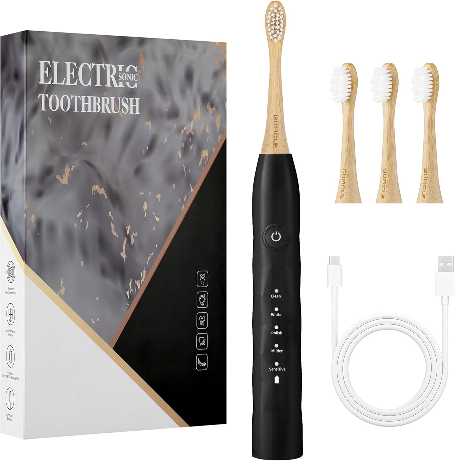 Electric Toothbrush with 4 Bamboo Heads, Bamboo Electric Toothbrush for Adults, Soft Castor Oil Bristles, 5 Modes, Smart Timer, Sonic Technology, IPX7 Waterproof, 60-Day Battery Life-Black